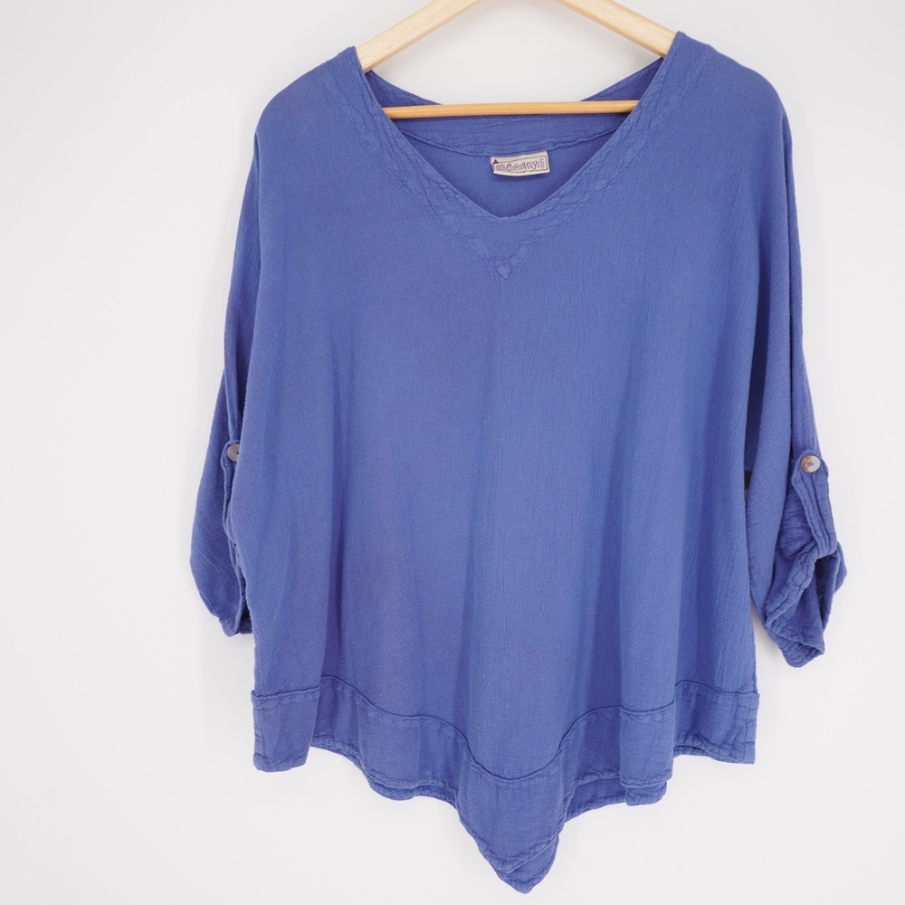 Cottonways Gauze Tunic Top Womens 3 (2x) Blue Roll Tab Sleeve Beachy Coastal